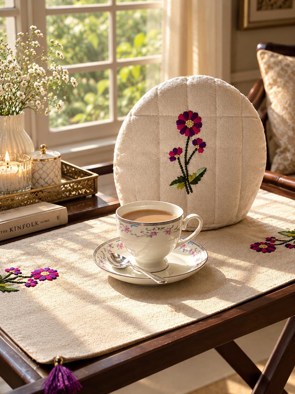 Floral Embroidered Denim Tea Cozy Set
